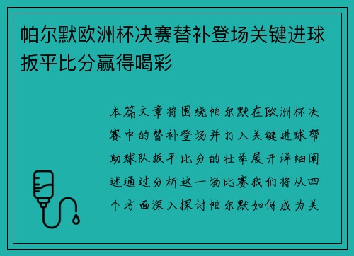 帕尔默欧洲杯决赛替补登场关键进球扳平比分赢得喝彩