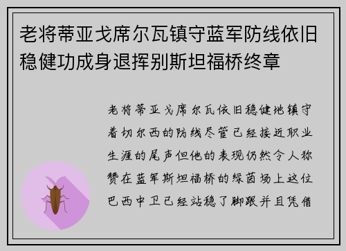 老将蒂亚戈席尔瓦镇守蓝军防线依旧稳健功成身退挥别斯坦福桥终章
